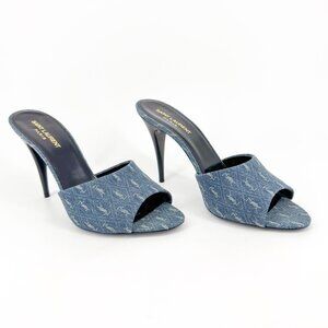 Saint Laurent La 16 Blue Denim YSL Logo Jean Mule Sandals Heels Size 40 US 10
